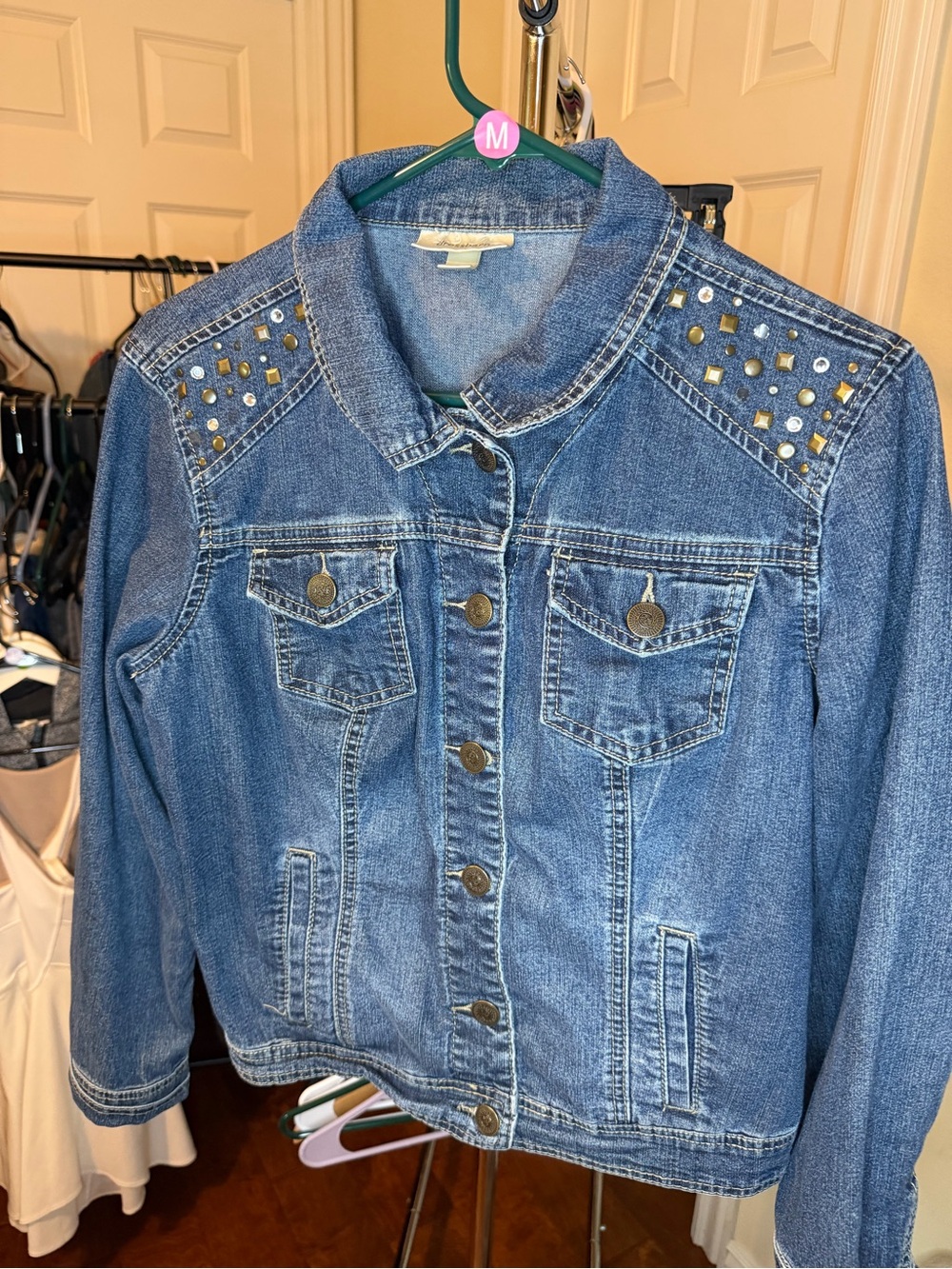 Dressbarn Medium Blue Denim Jacket with Gold & Silver Studs